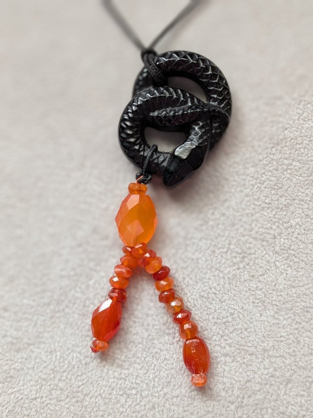 Lalique Crystal Onyx Serpent Pendant w/Amber Tassel